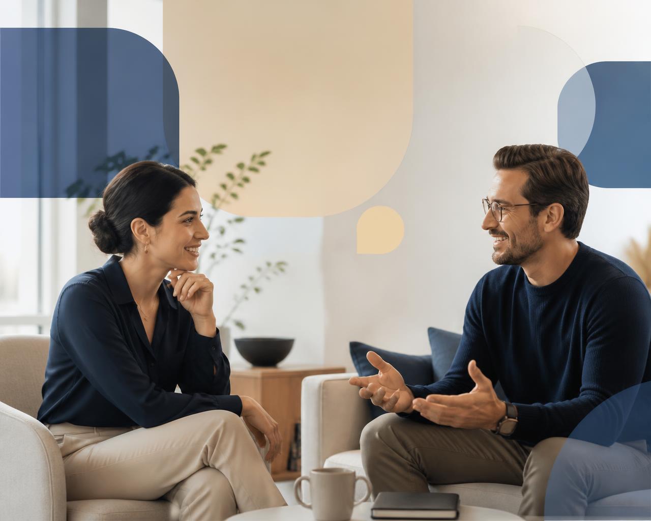 Two adults having a confident conversation in a modern workspace